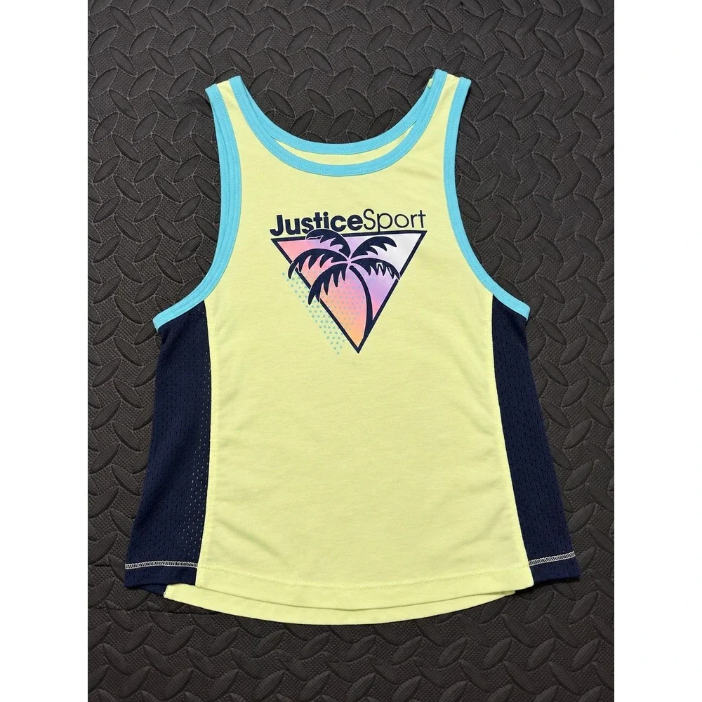 Justice Sport Girls Lime Yellow Navy Blue Palm Tree Mesh Activewear Tank Top XS